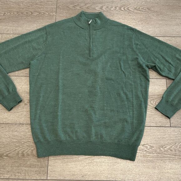 Peter Millar Golf Sweater Mens Medium Merino Wool Green 1/4 Zip Pullover Preppy - Picture 1 of 8